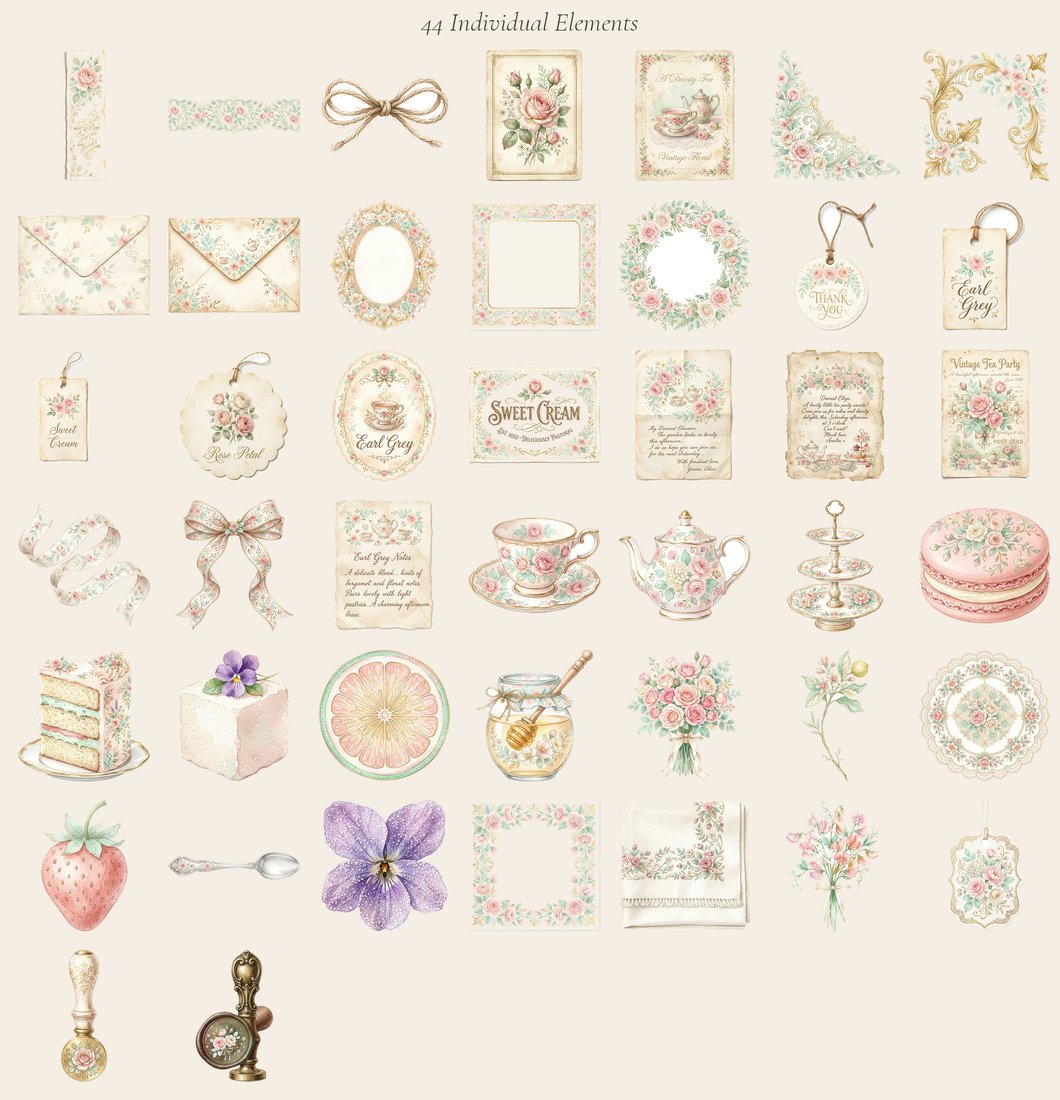 Afternoon Tea Party junk journal kit — elements overview