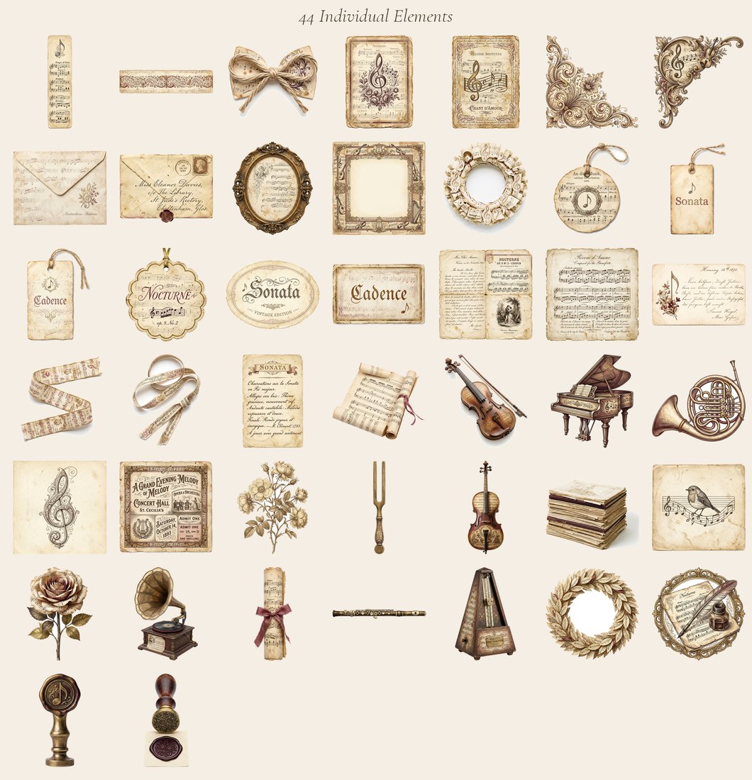 Antique Melody Music junk journal kit — elements overview