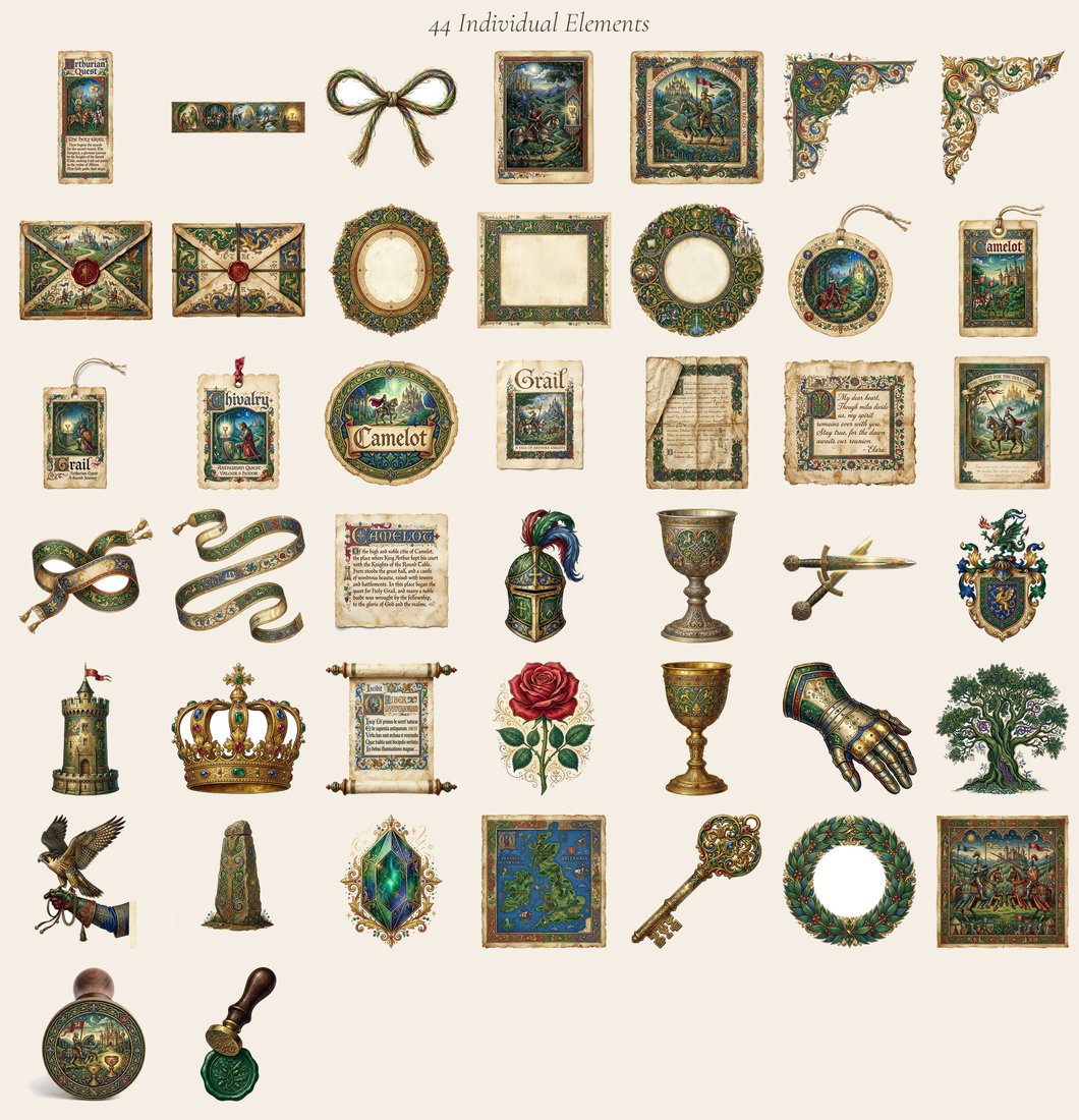 Arthurian Legend junk journal kit — elements overview