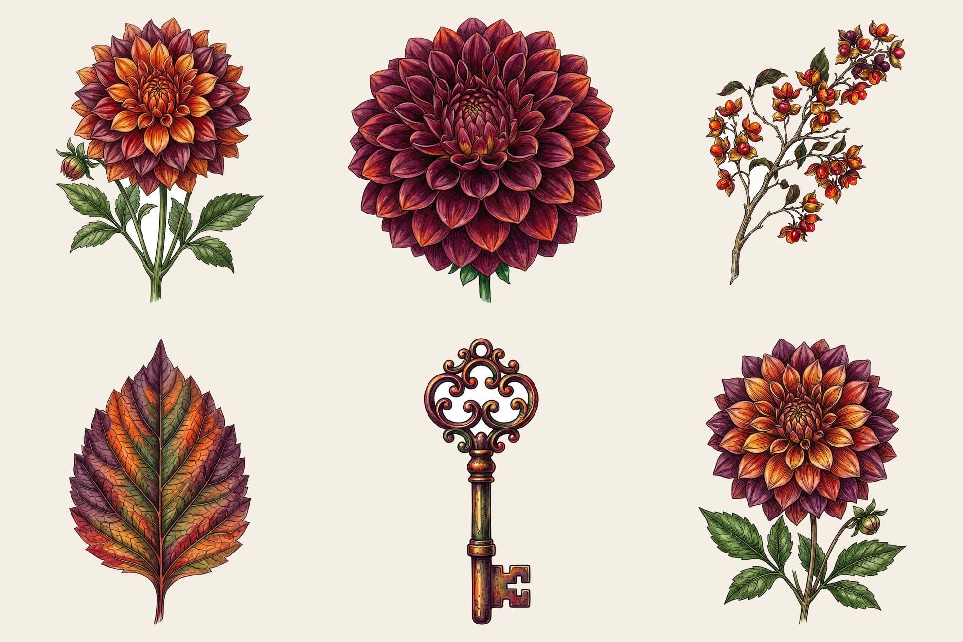 Autumn Dahlias Fussy-Cut Elements — preview