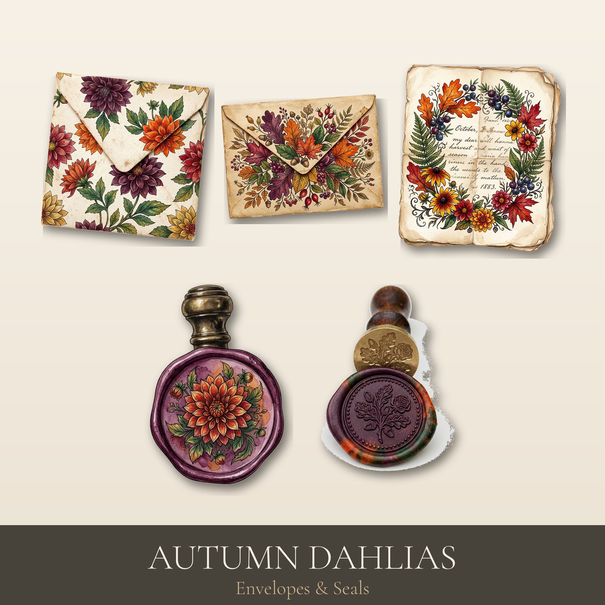 Autumn Dahlias Envelopes & Seals | Printable Junk Journal | Digital Download