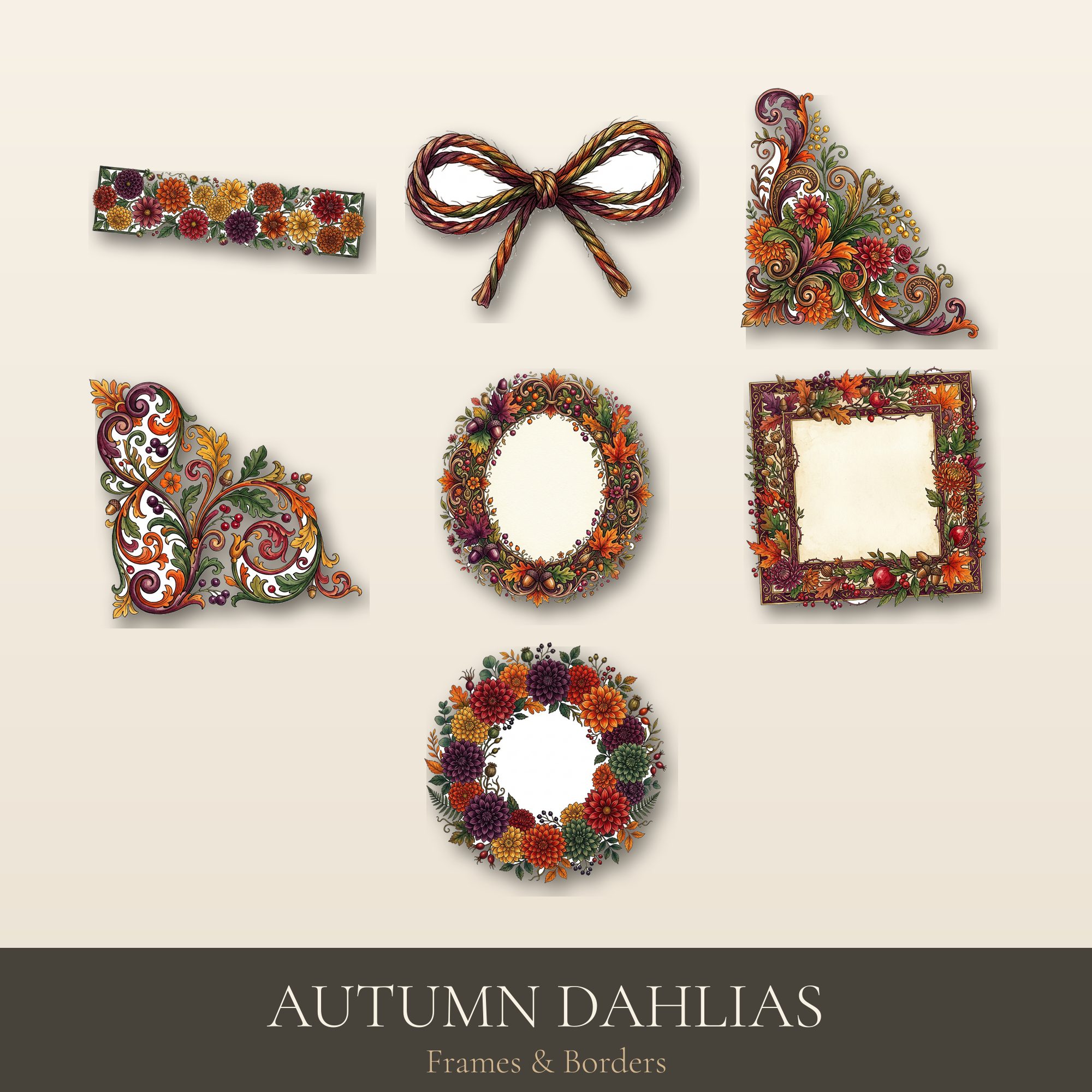 Autumn Dahlias Frames & Borders | Printable Ephemera | Digital Download