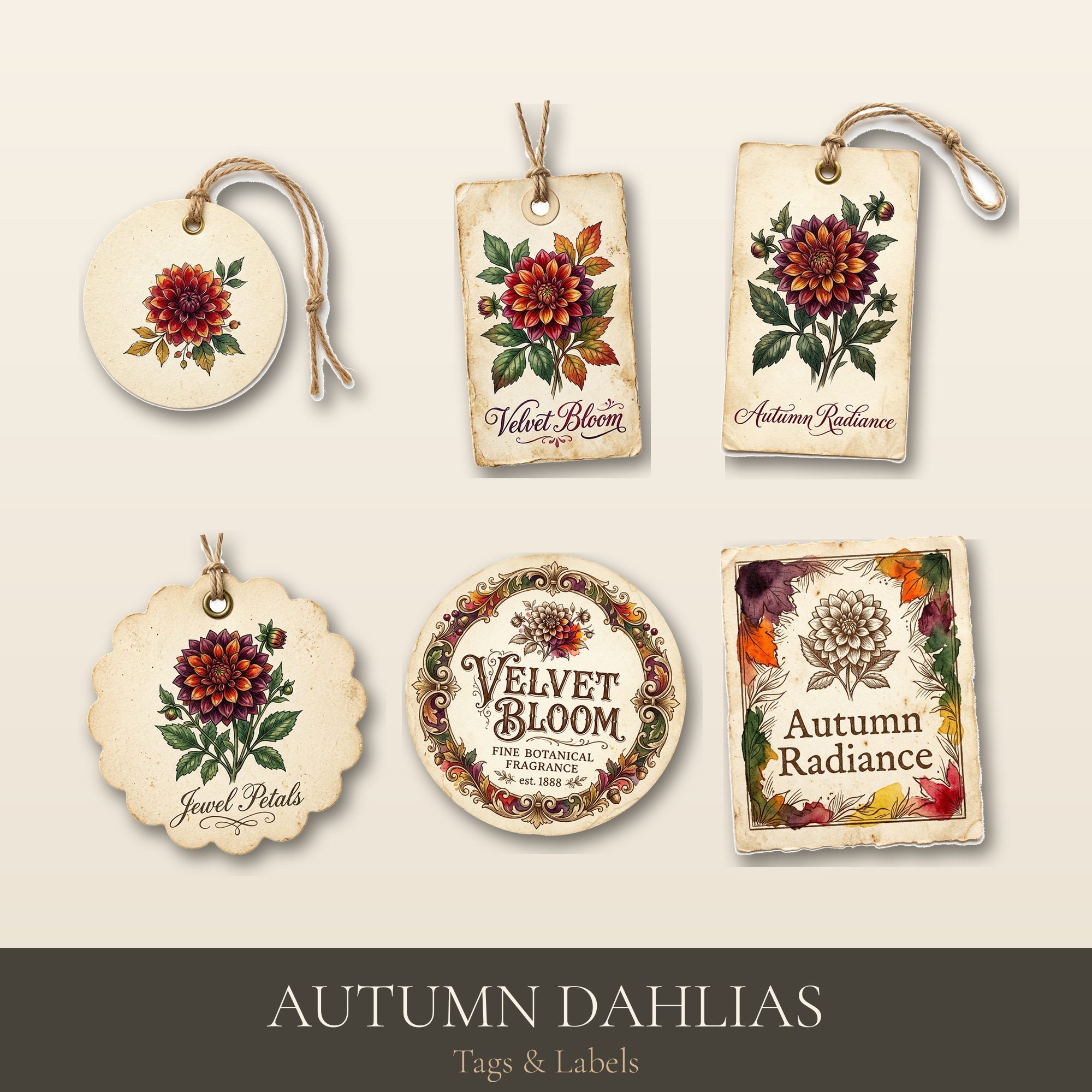 Autumn Dahlias Tags & Labels | Printable Junk Journal Tags | Digital Download