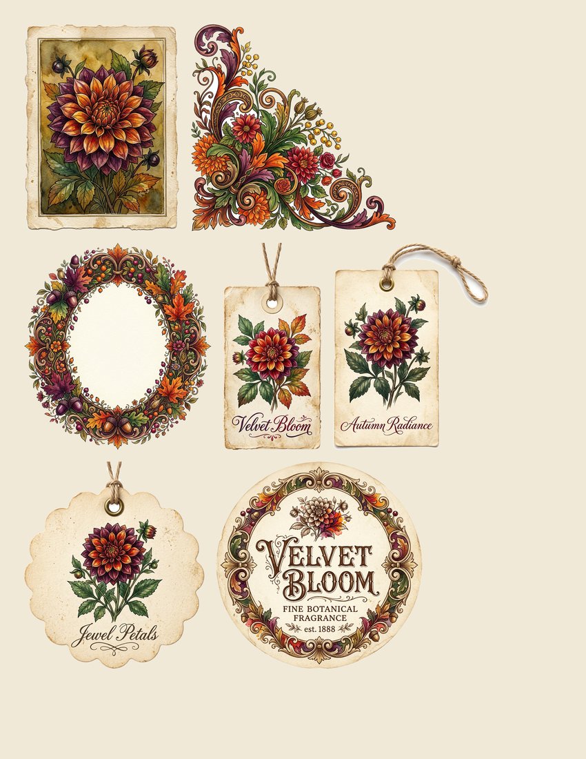 Autumn Dahlias junk journal kit — sheet preview 1