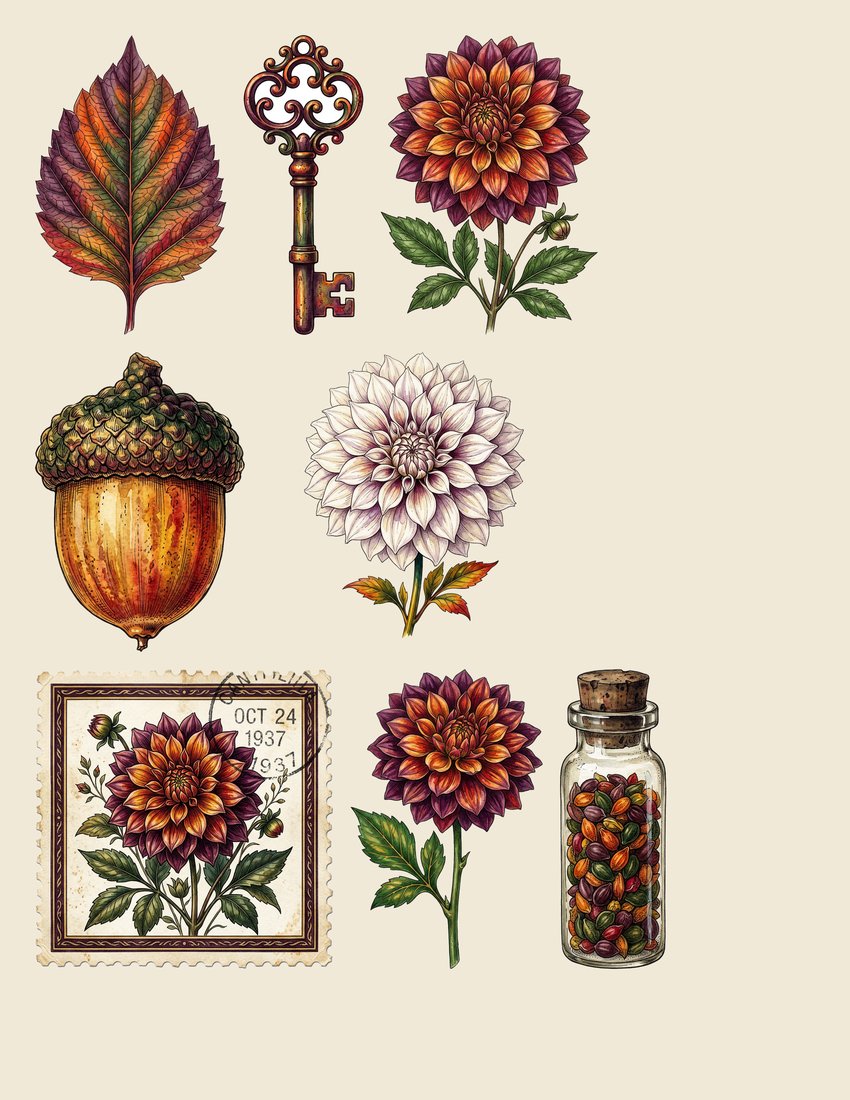 Autumn Dahlias junk journal kit — sheet preview 4
