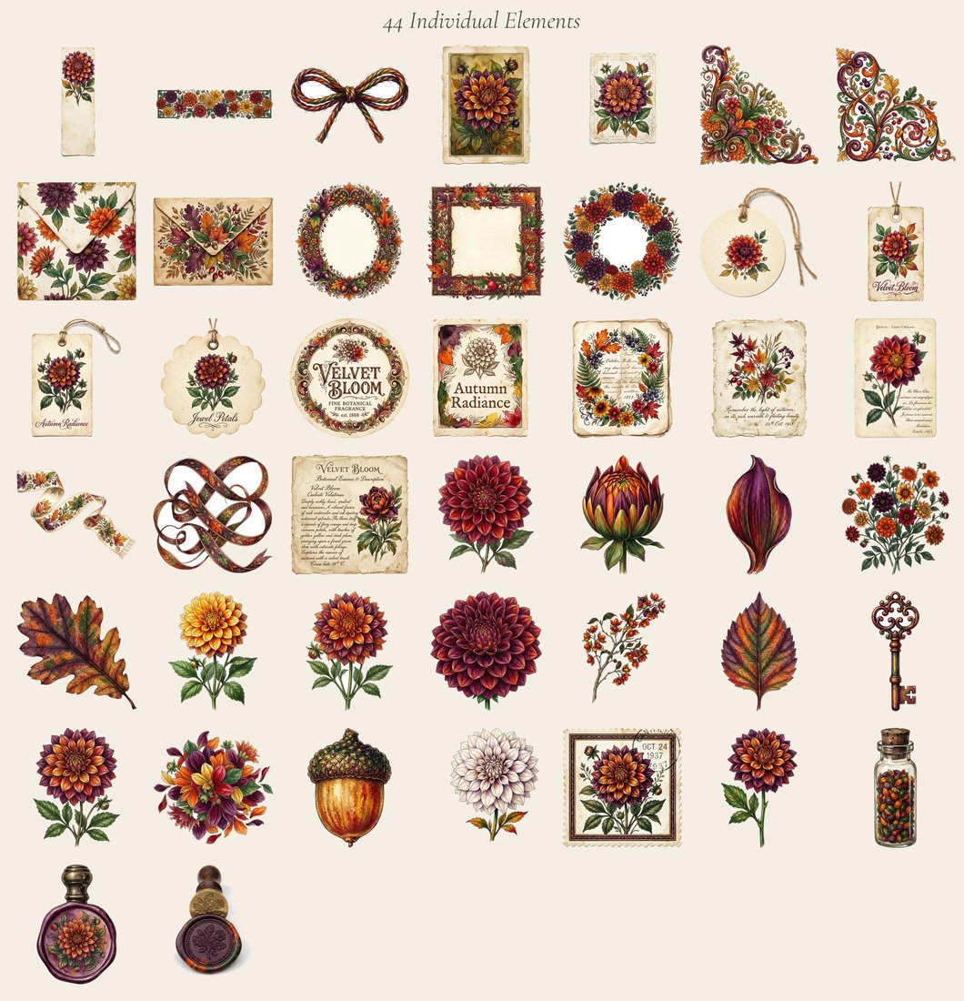 Autumn Dahlias junk journal kit — elements overview