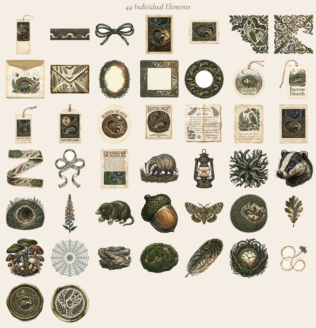 Badger Burrow junk journal kit — elements overview