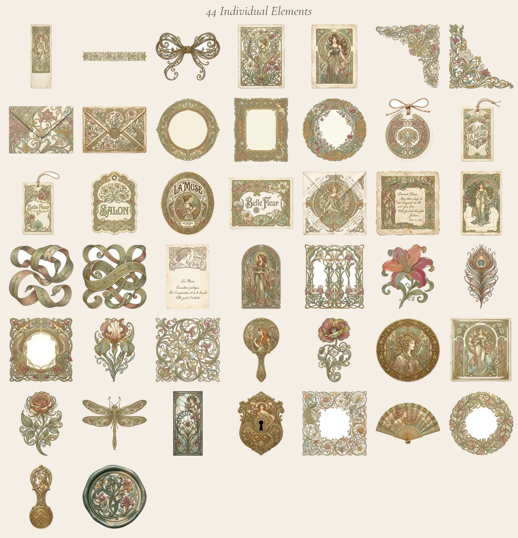 Belle Epoque Nouveau junk journal kit — elements overview