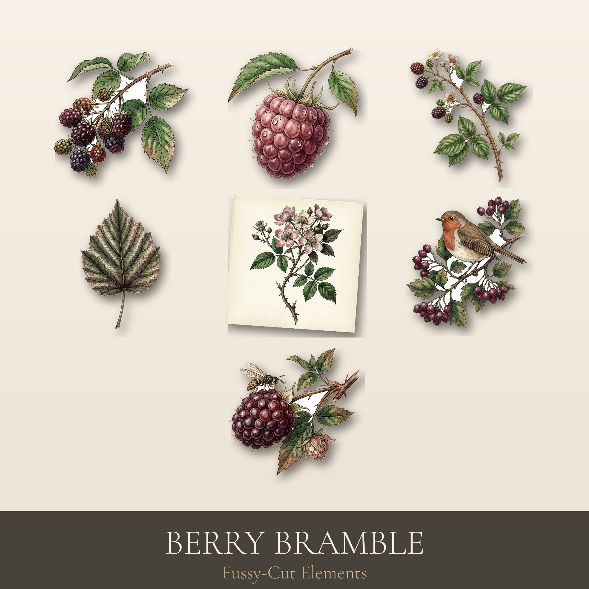 Berry Bramble Fussy-Cut Elements | Printable Ephemera Pack | Digital Download