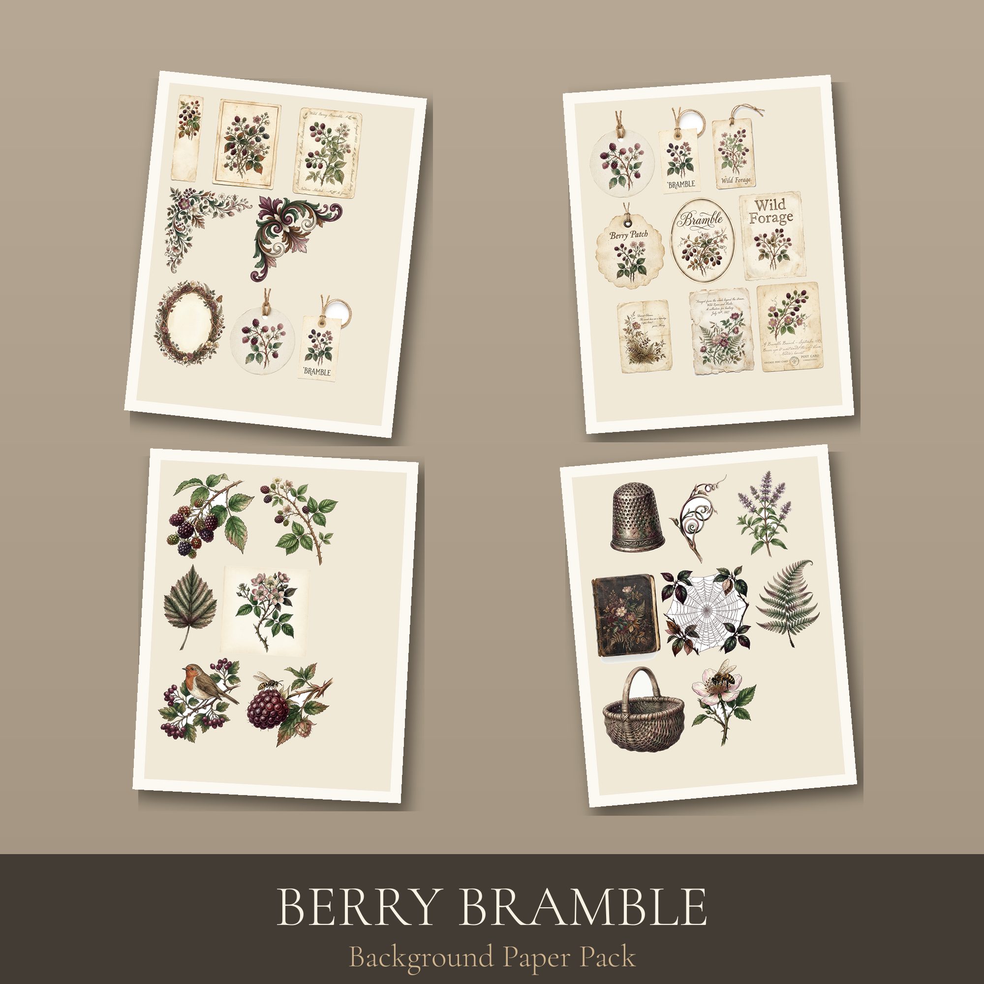Berry Bramble Paper Pack | Printable Junk Journal Background Papers | Digital Download