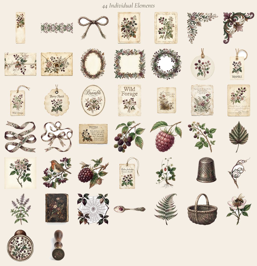 Berry Bramble junk journal kit — elements overview