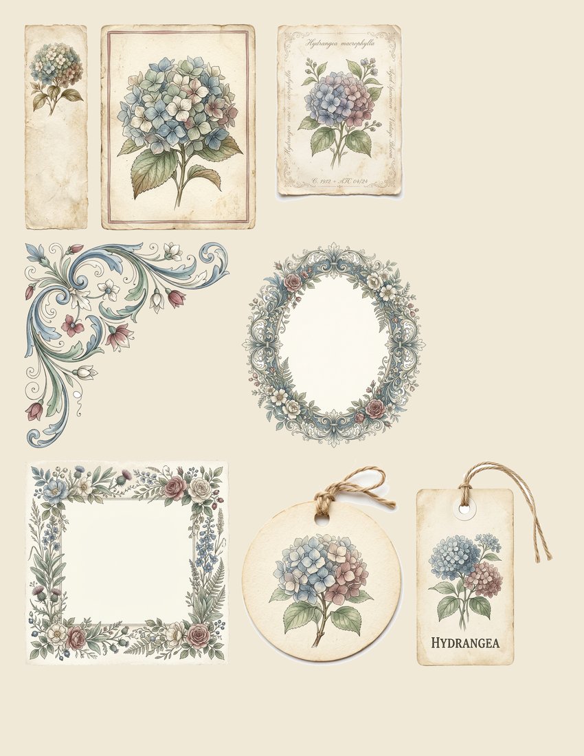 Blue Hydrangea junk journal kit — sheet preview 1