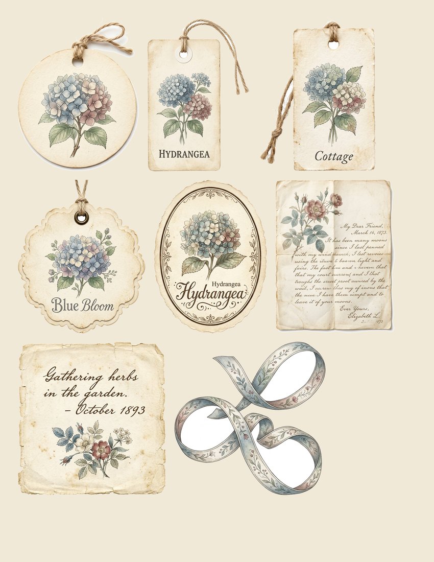 Blue Hydrangea junk journal kit — sheet preview 2