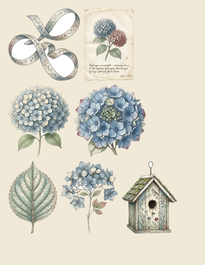 Blue Hydrangea junk journal kit — sheet preview 3