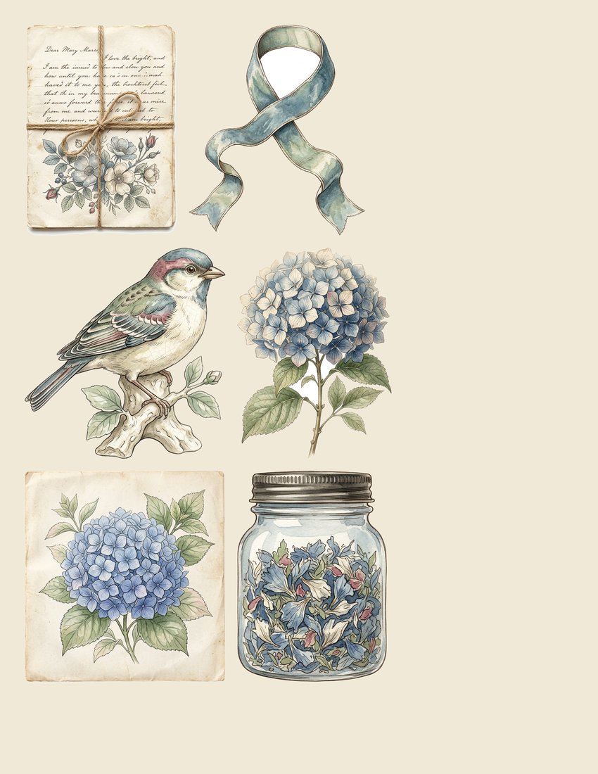 Blue Hydrangea junk journal kit — sheet preview 4
