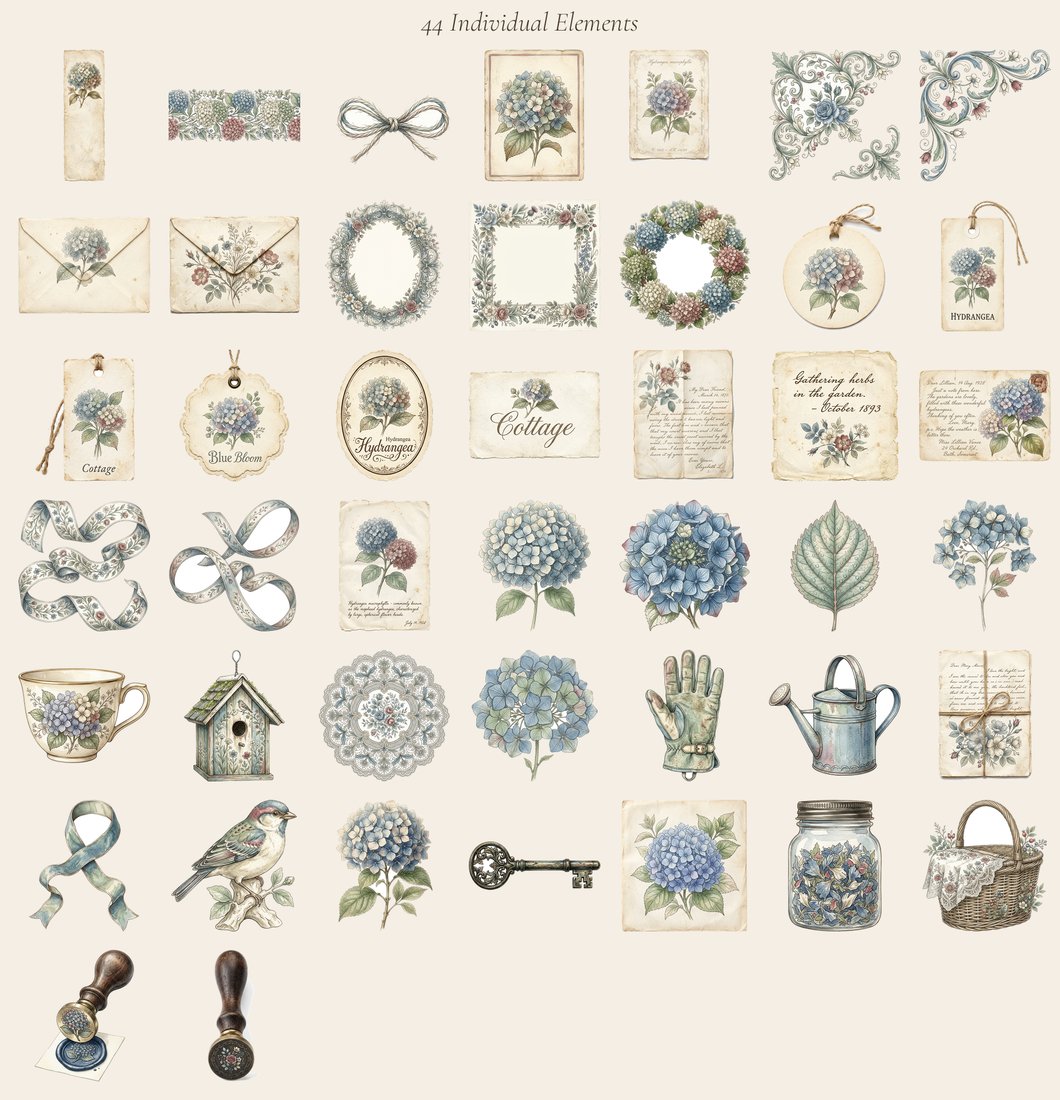 Blue Hydrangea junk journal kit — elements overview