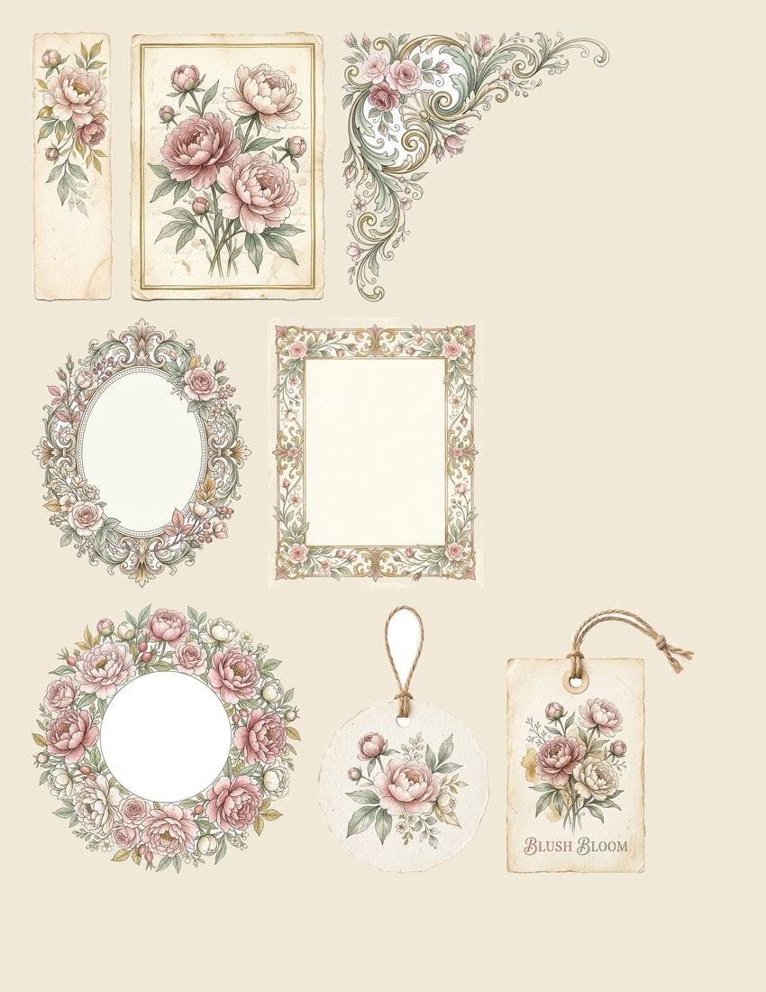 Blush Peony junk journal kit — sheet preview 1