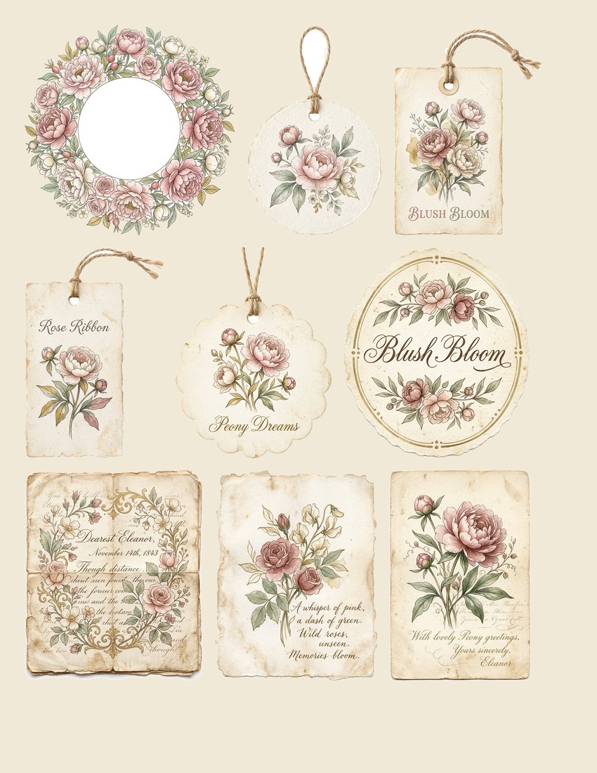 Blush Peony junk journal kit — sheet preview 2