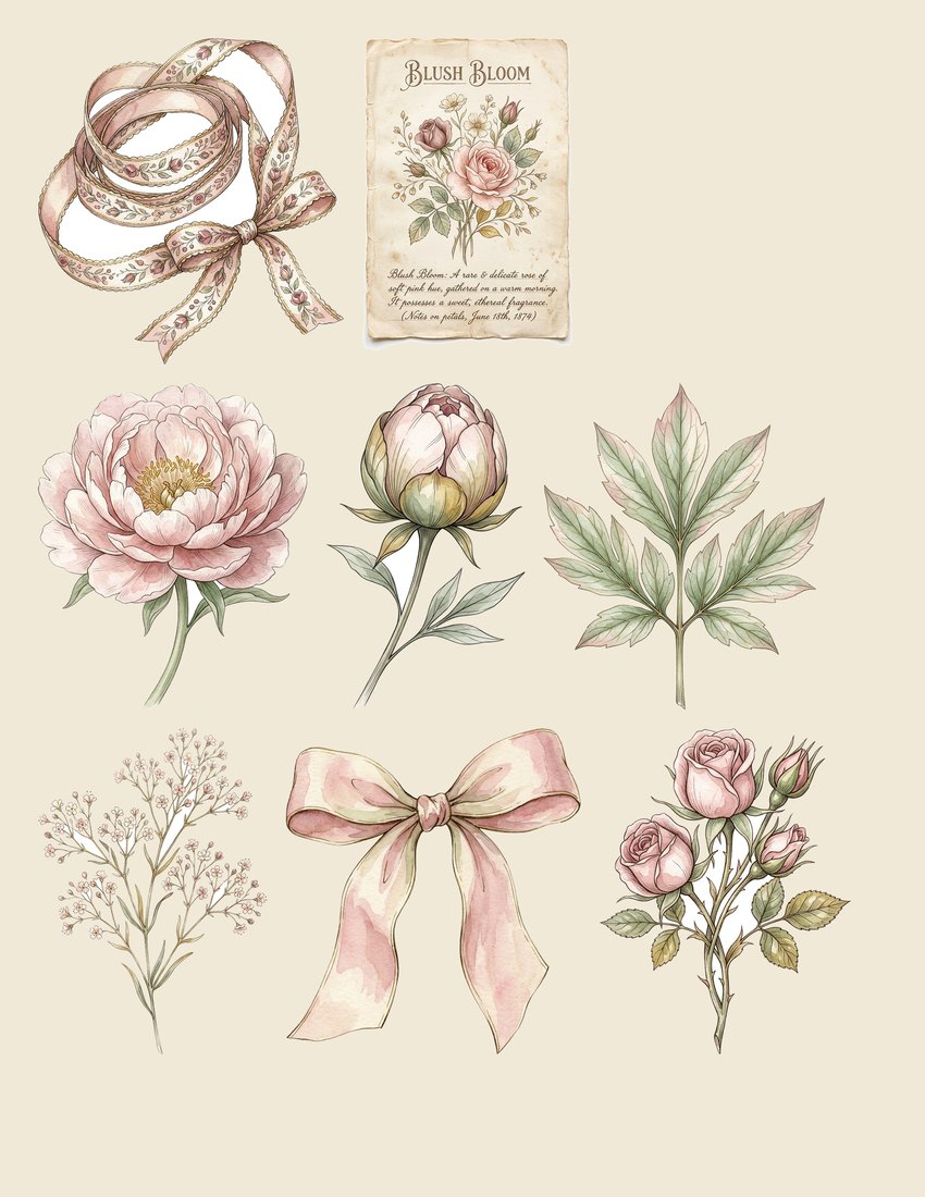 Blush Peony junk journal kit — sheet preview 3