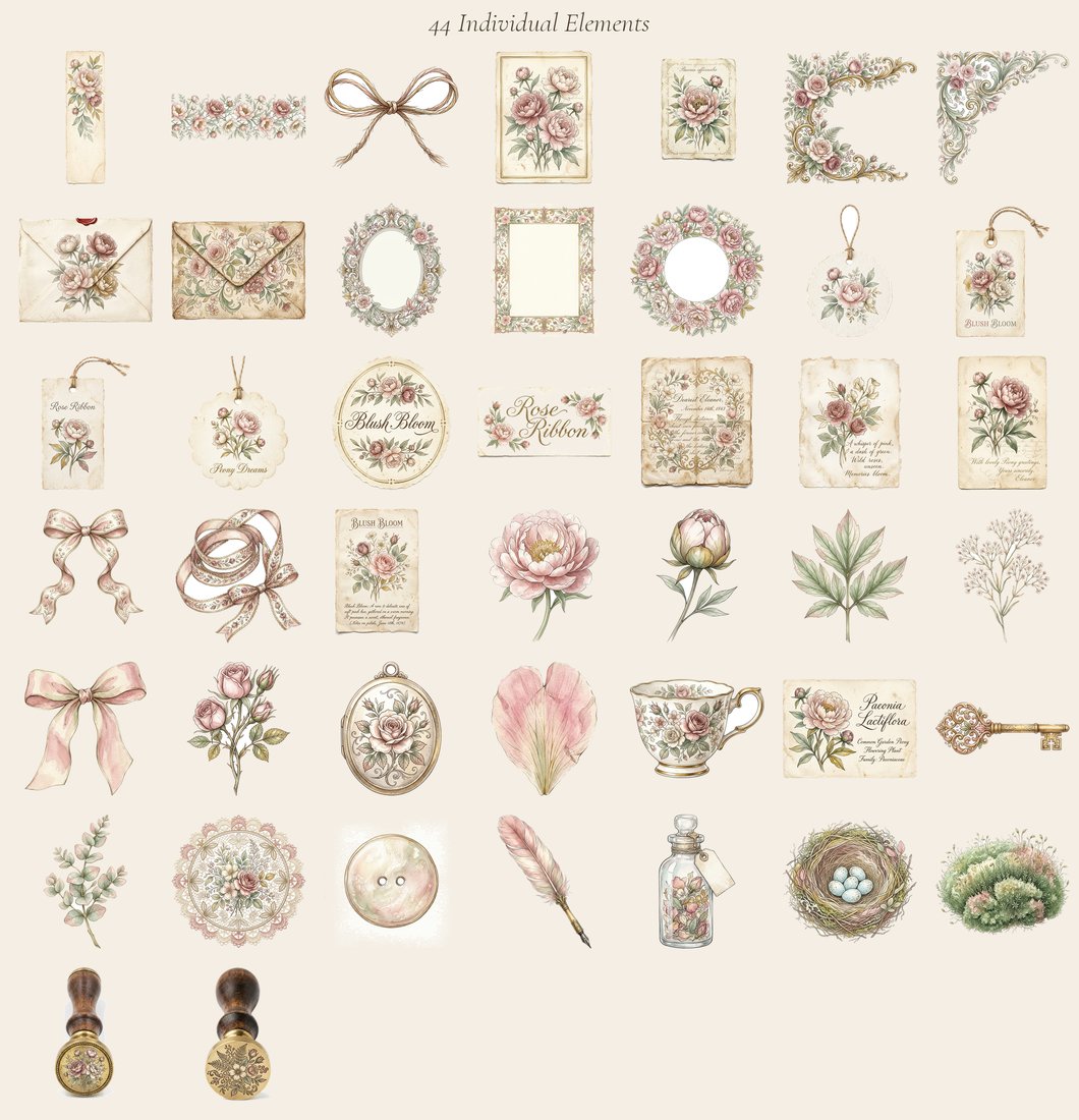 Blush Peony junk journal kit — elements overview
