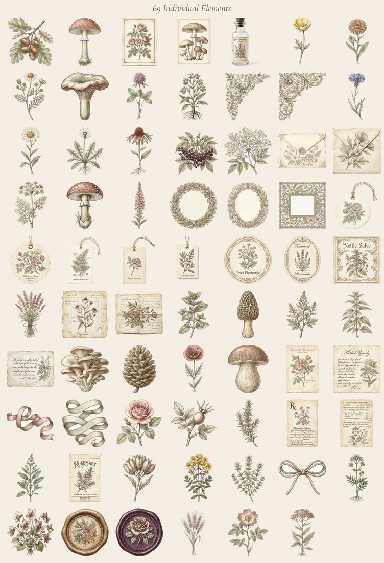 Botanical Apothecary V2 junk journal kit — elements overview