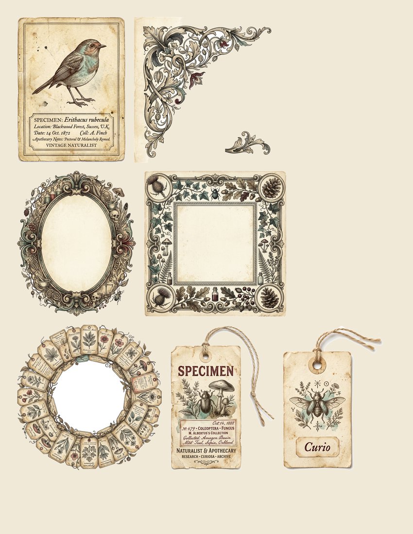 Cabinet Of Curiosities junk journal kit — sheet preview 1