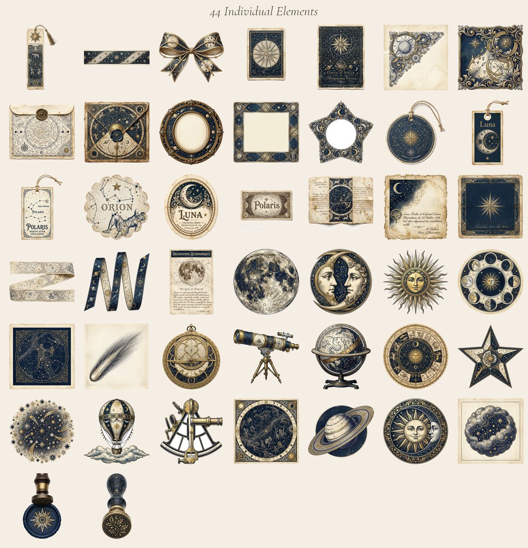 Celestial Observatory junk journal kit — elements overview