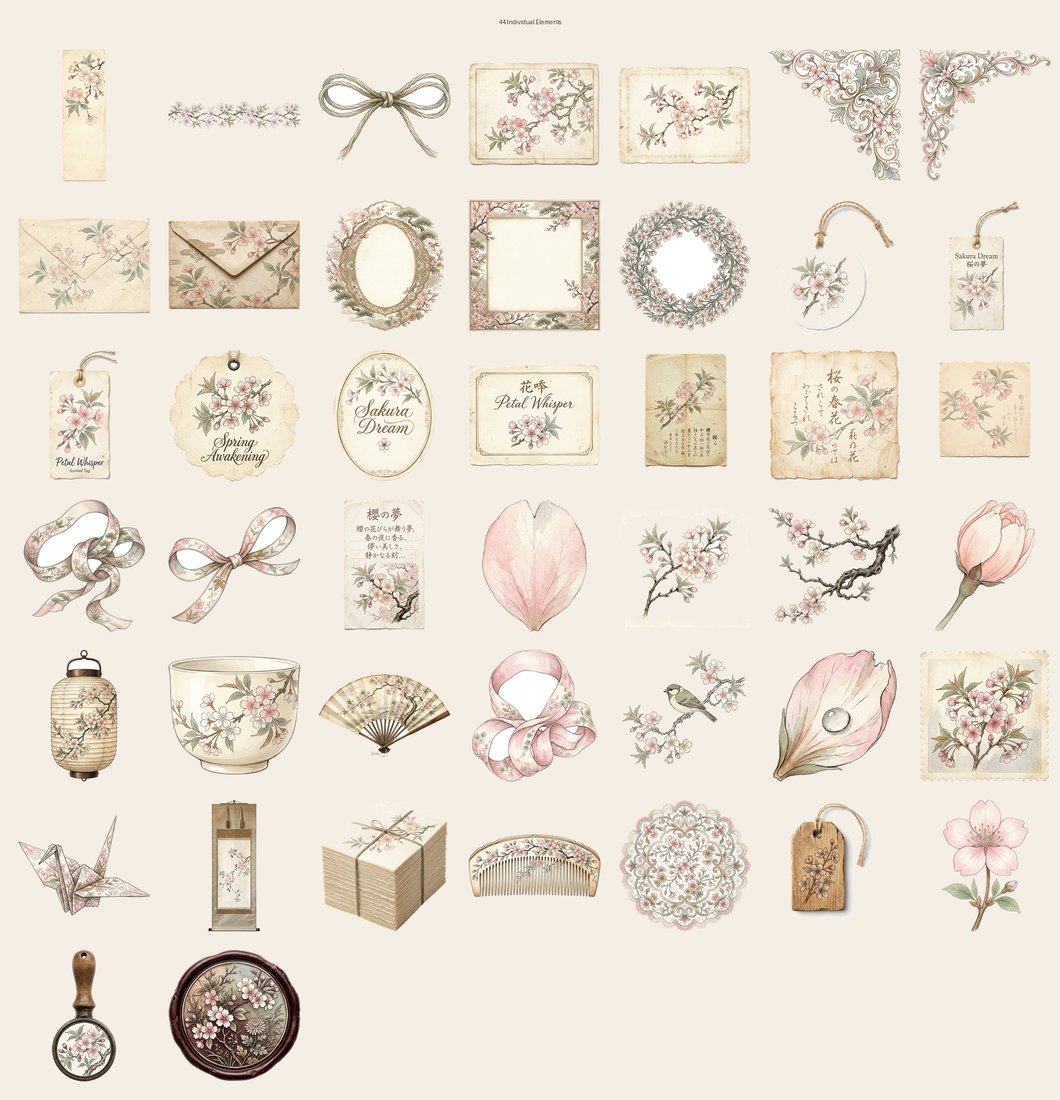 Cherry Blossom Sakura junk journal kit — elements overview