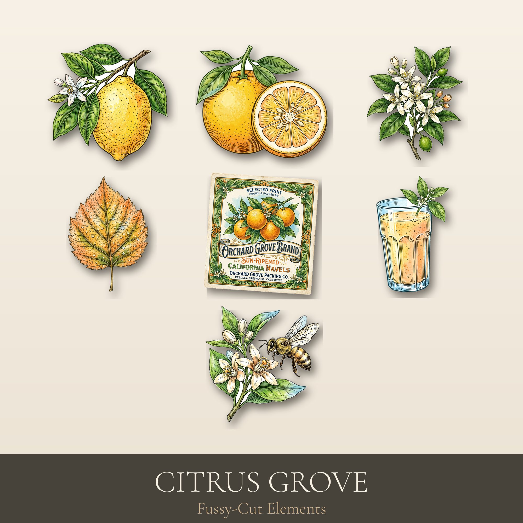 Citrus Grove Fussy-Cut Elements | Printable Ephemera Pack | Digital Download