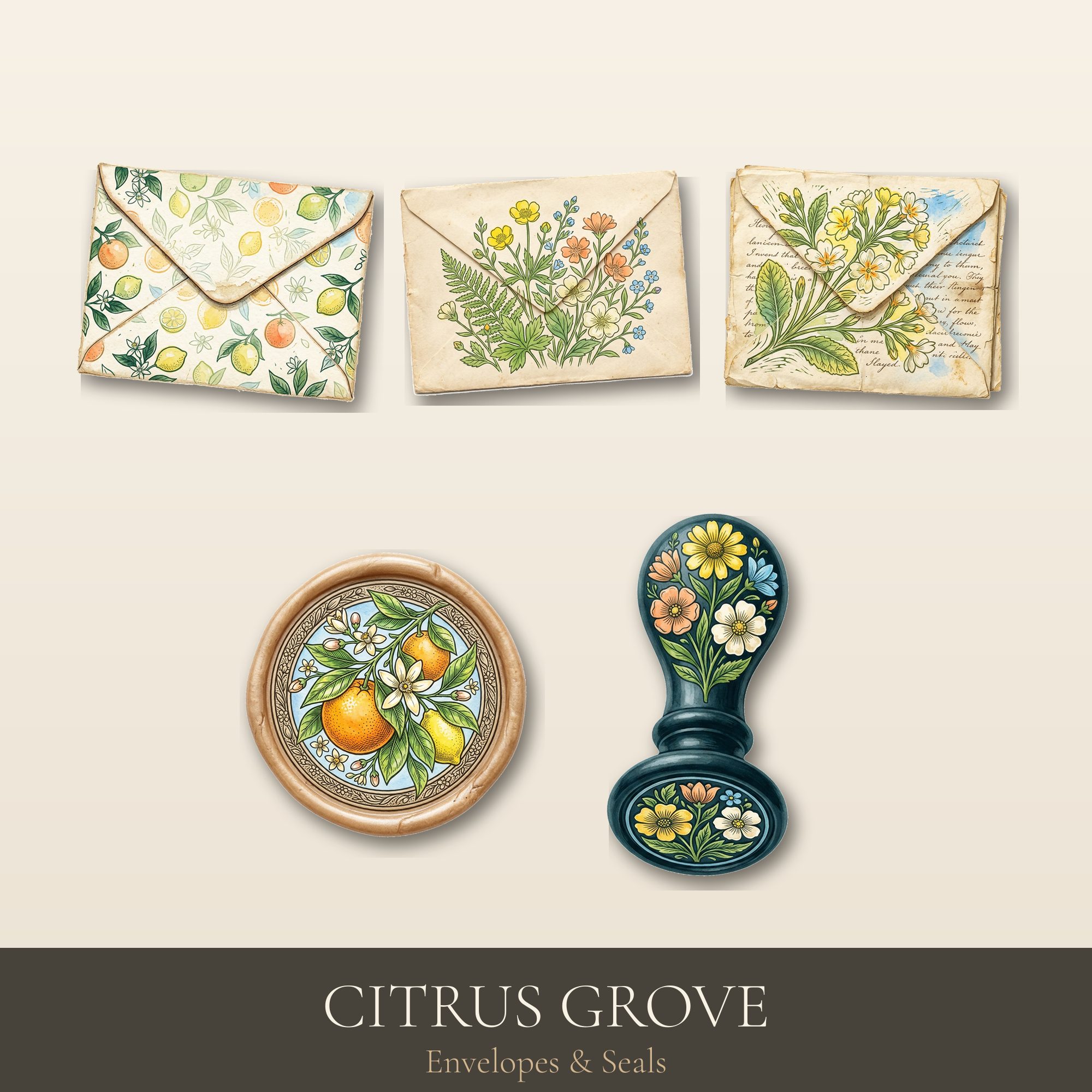 Citrus Grove Envelopes & Seals | Printable Junk Journal | Digital Download