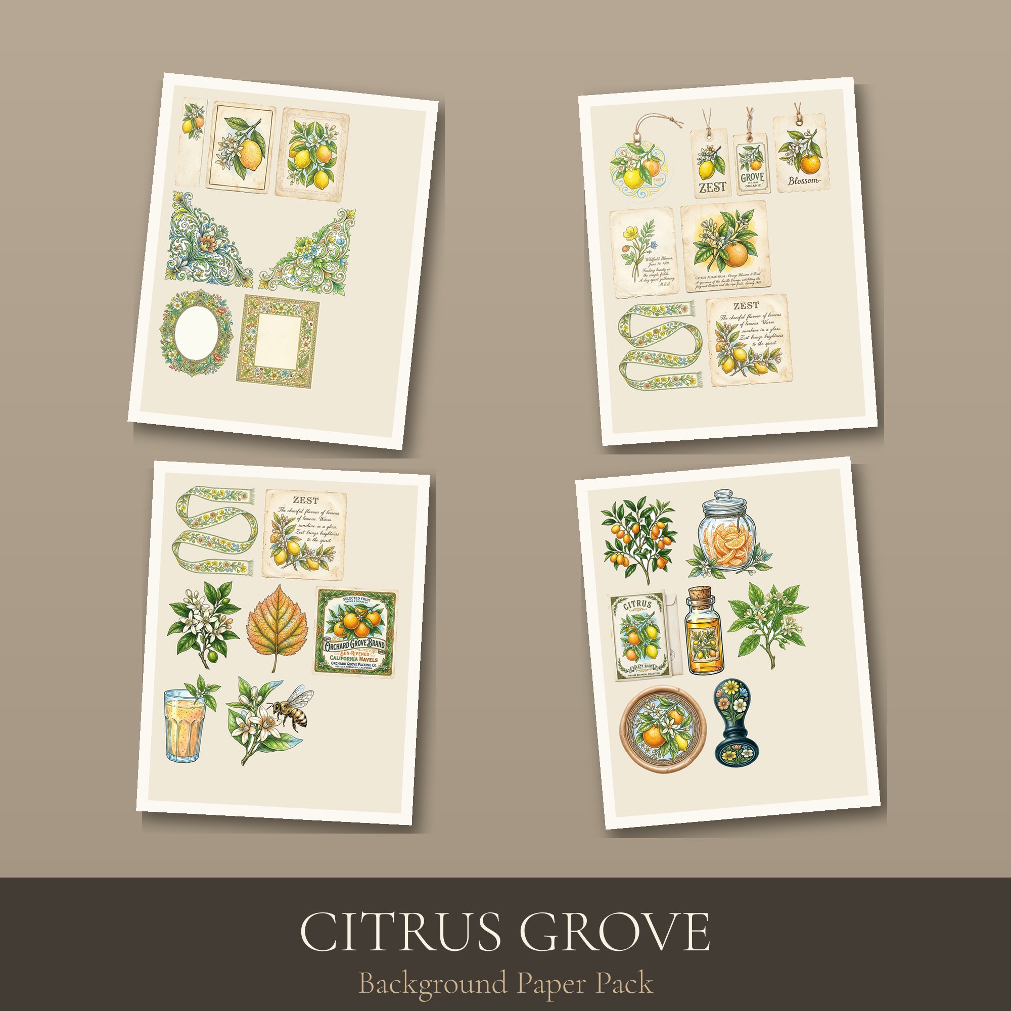 Citrus Grove Paper Pack | Printable Junk Journal Background Papers | Digital Download
