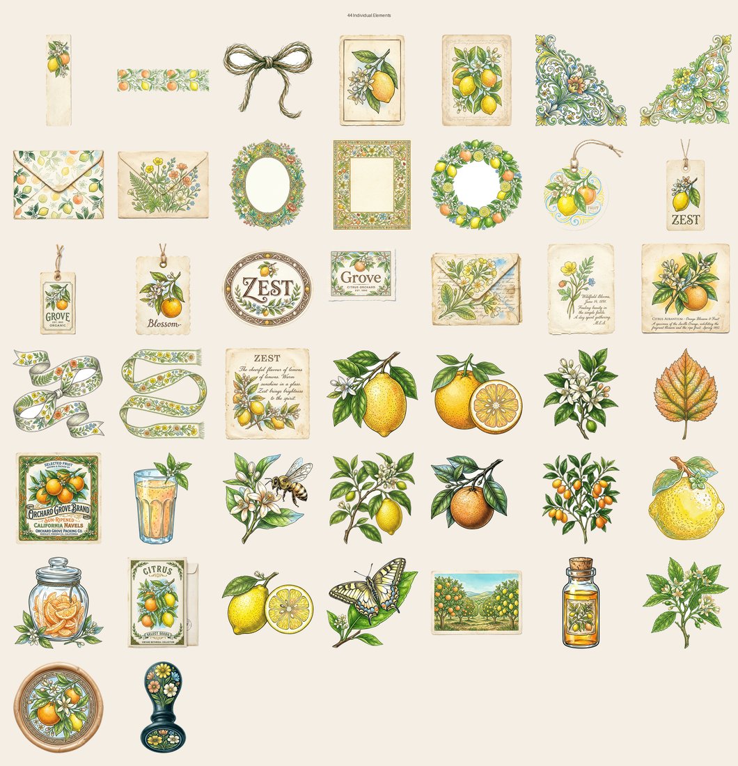 Citrus Grove junk journal kit — elements overview