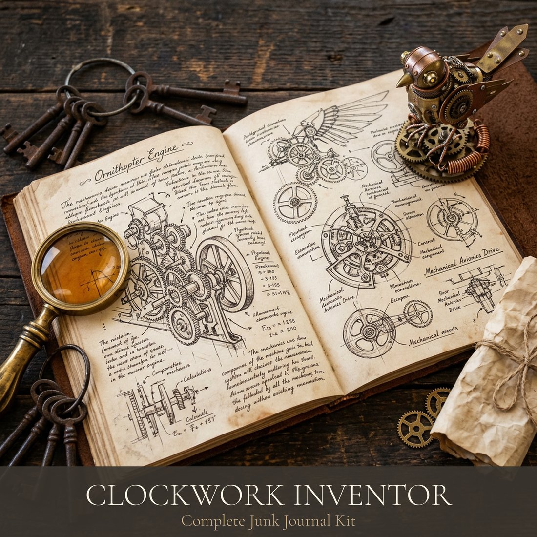 Clockwork Inventor Junk Journal Kit | Steampunk Mechanics Ephemera + Printable Sheets | Digital Download