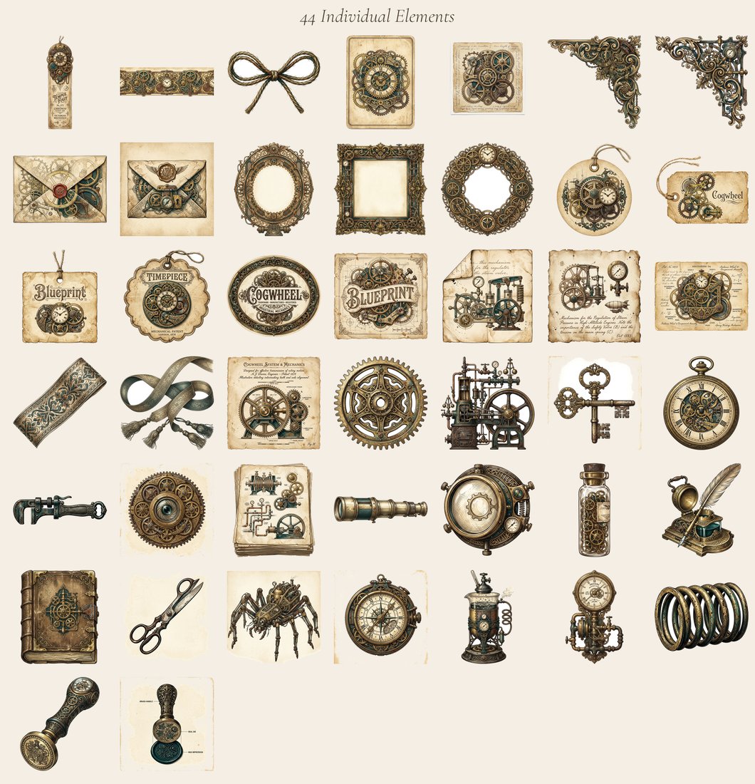 Clockwork Inventor junk journal kit — elements overview