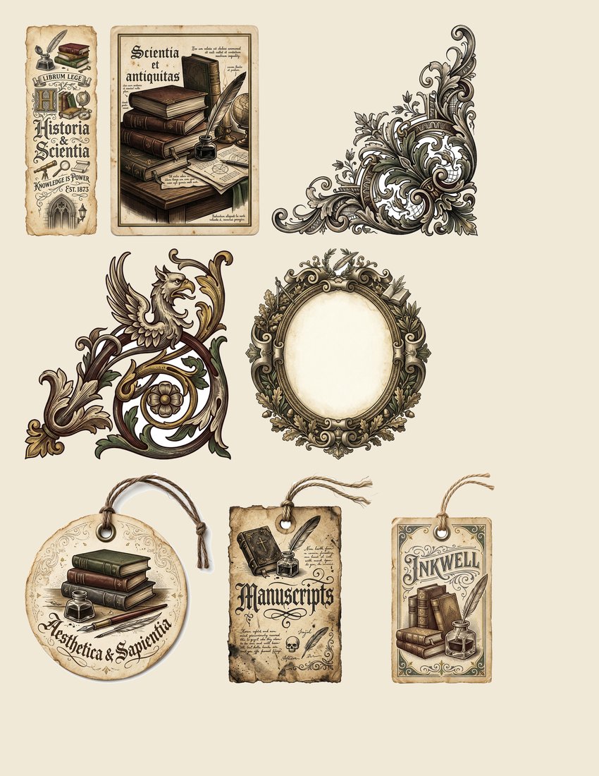 Dark Academia Library junk journal kit — sheet preview 1