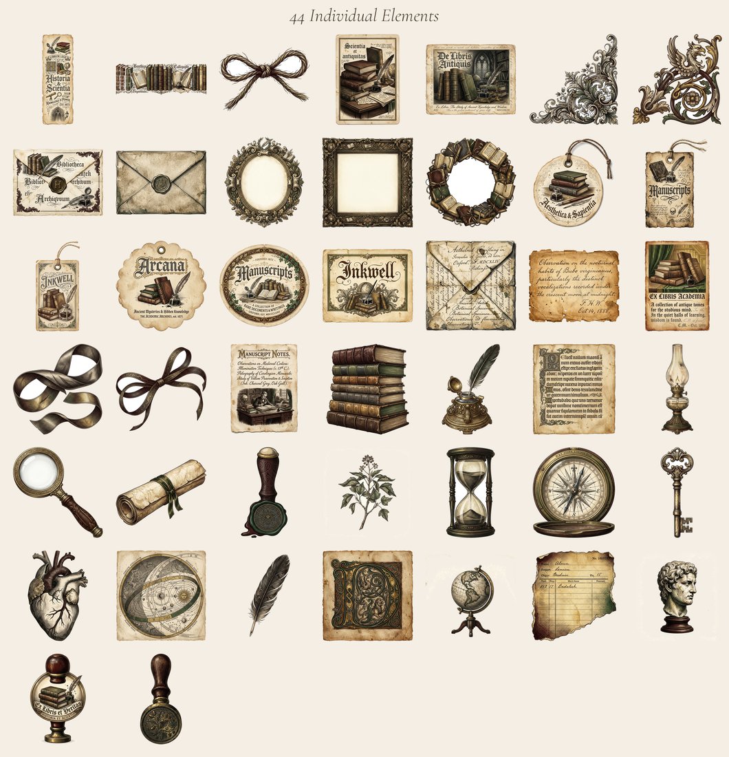 Dark Academia Library junk journal kit — elements overview