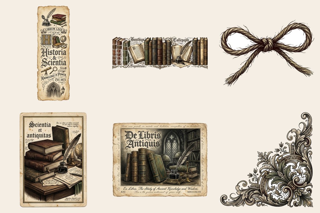 Dark Academia Library junk journal kit — element closeup 1