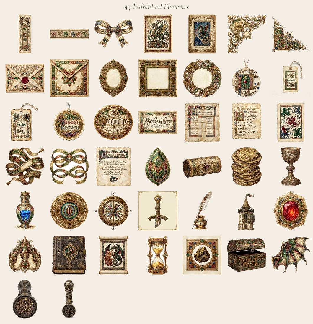 Dragon Legends junk journal kit — elements overview