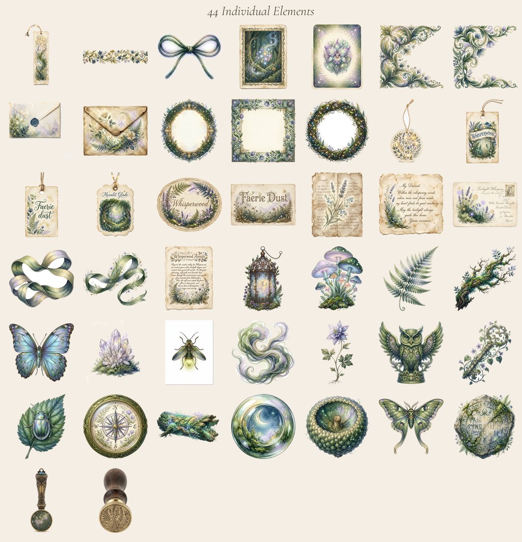 Enchanted Forest junk journal kit — elements overview