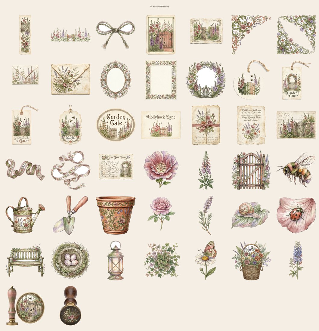 English Cottage Garden junk journal kit — elements overview