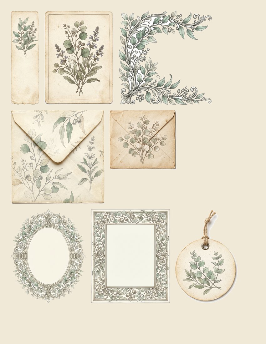 Eucalyptus Sage junk journal kit — sheet preview 1