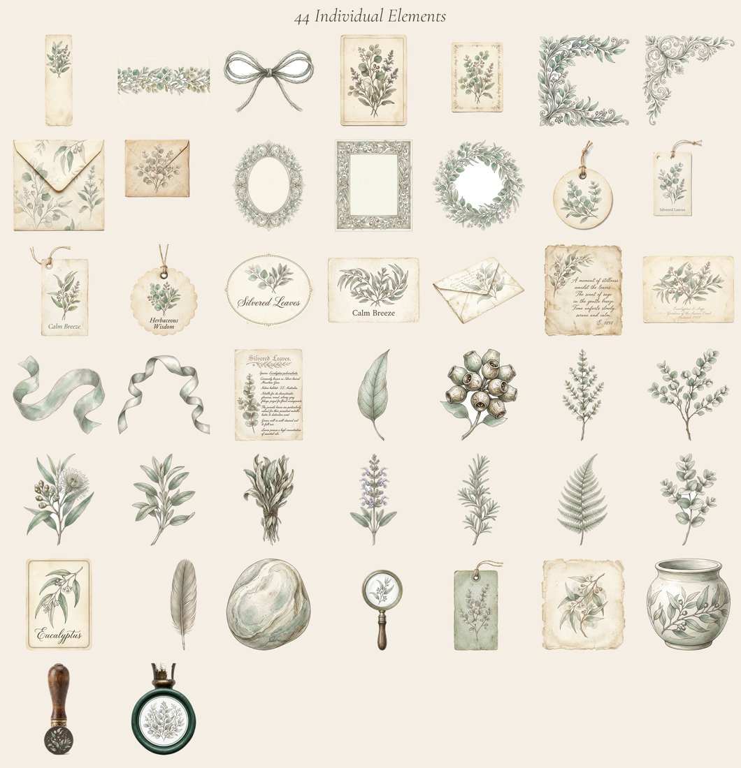 Eucalyptus Sage junk journal kit — elements overview