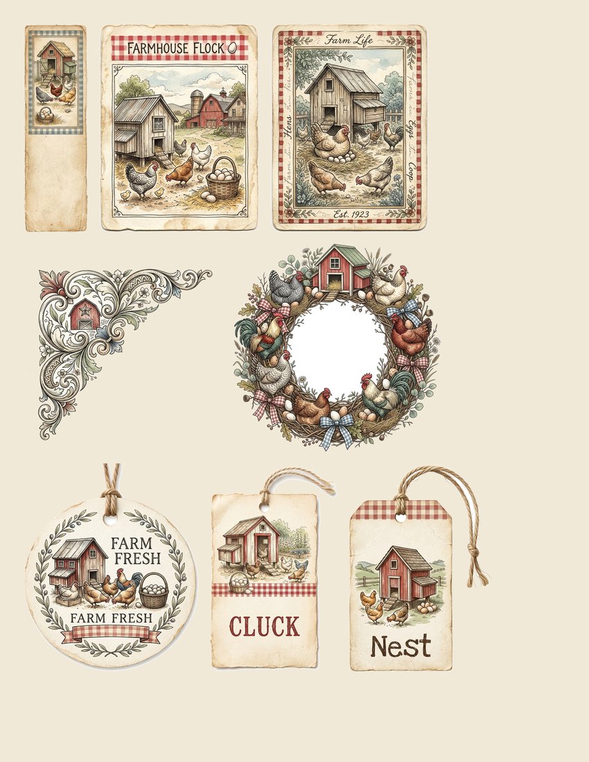 Farmhouse Hens junk journal kit — sheet preview 1
