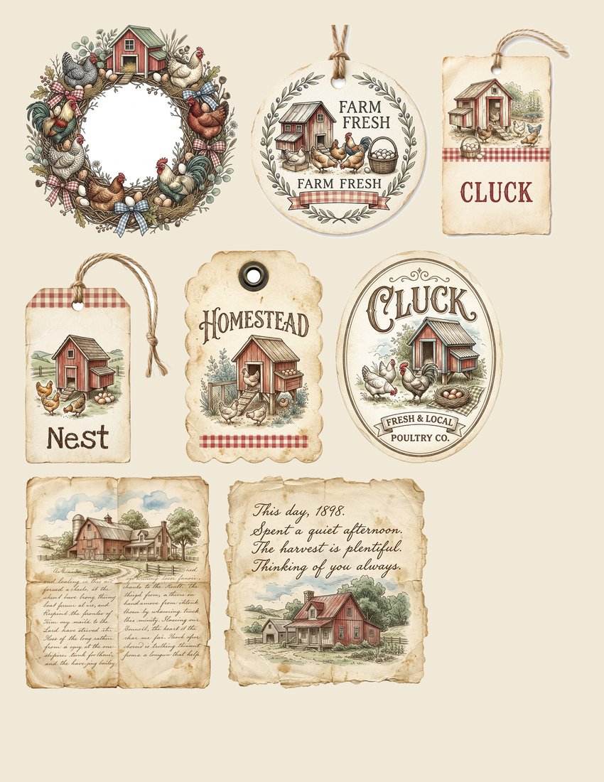 Farmhouse Hens junk journal kit — sheet preview 2
