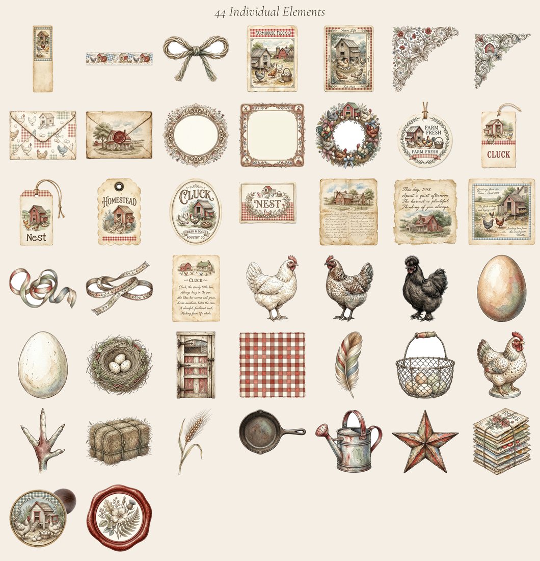 Farmhouse Hens junk journal kit — elements overview