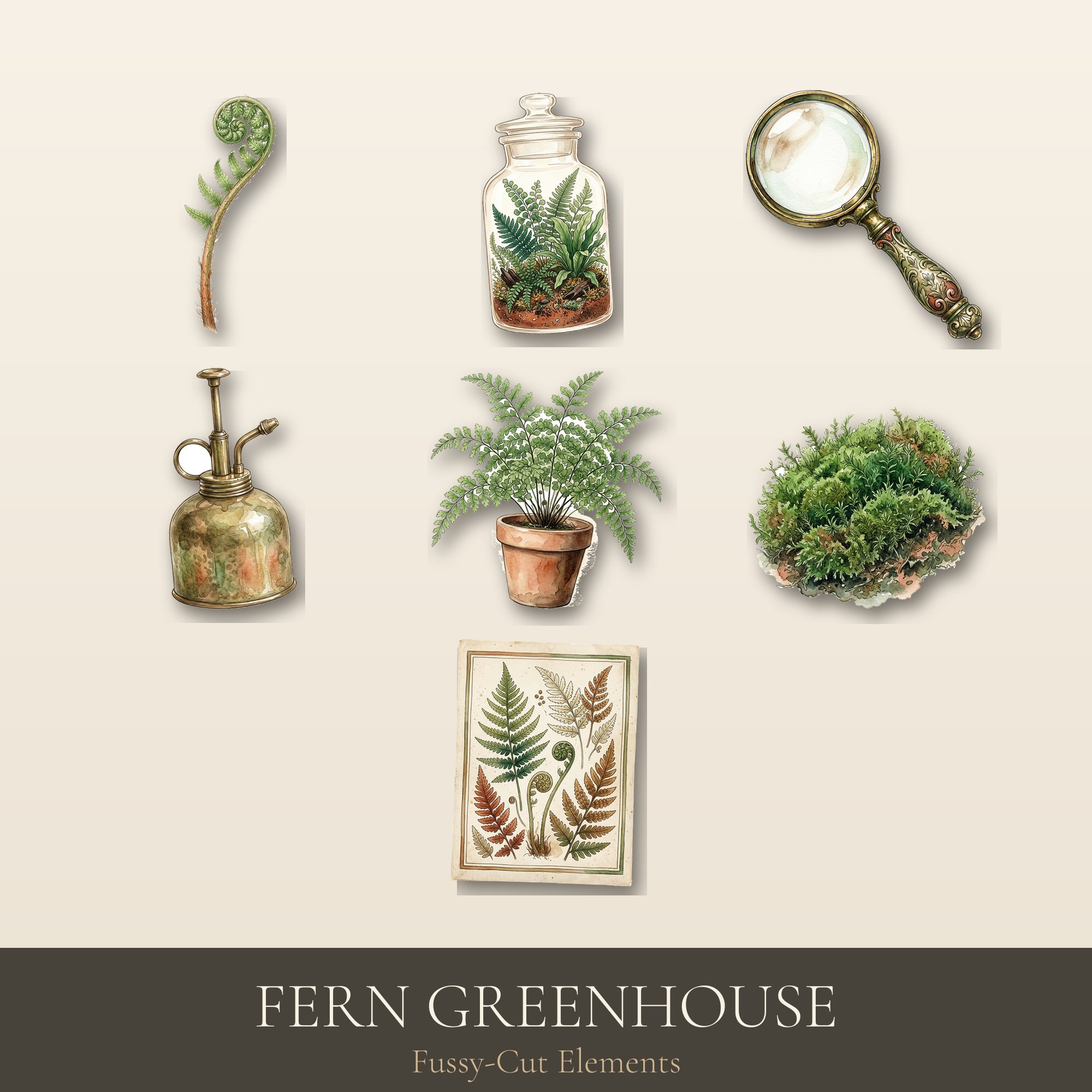 Fern Greenhouse Fussy-Cut Elements | Printable Ephemera Pack | Digital Download