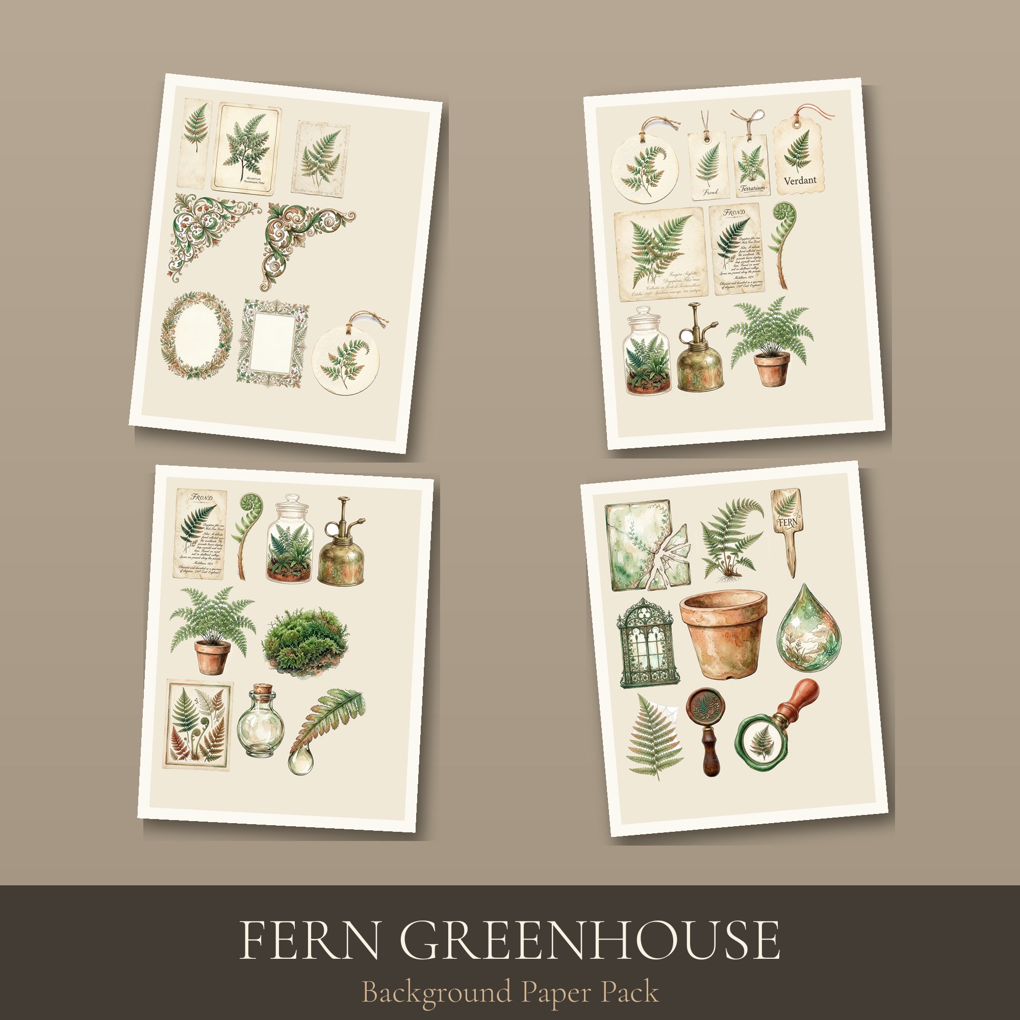 Fern Greenhouse Paper Pack | Printable Junk Journal Background Papers | Digital Download