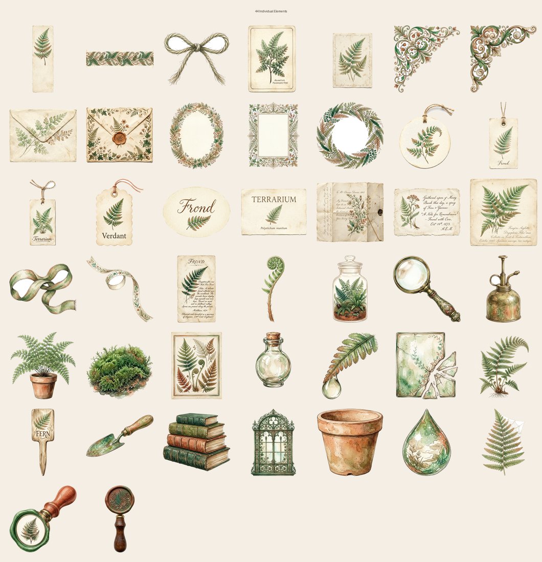 Fern Greenhouse junk journal kit — elements overview