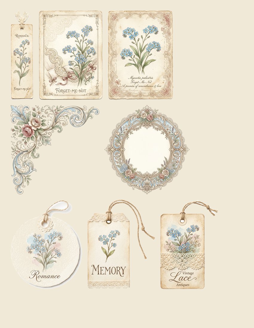 Forget Me Not junk journal kit — sheet preview 1