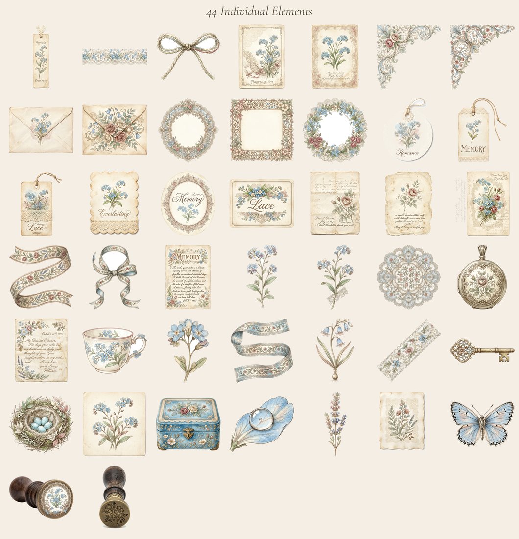 Forget Me Not junk journal kit — elements overview